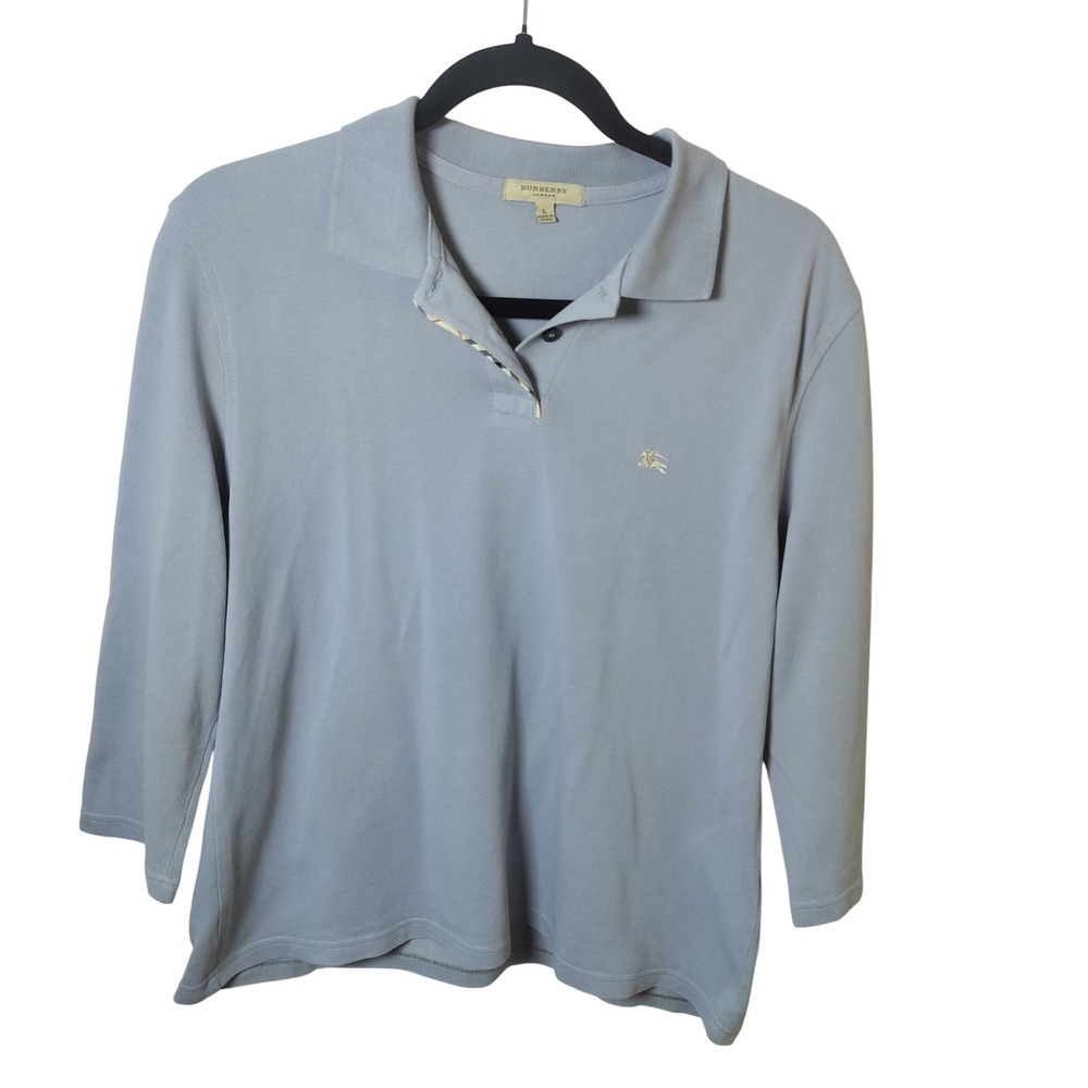 Burberry London Womens Blue Grey‎ Pique Polo Shirt 3/4 Sleeve Nova Check Trim L